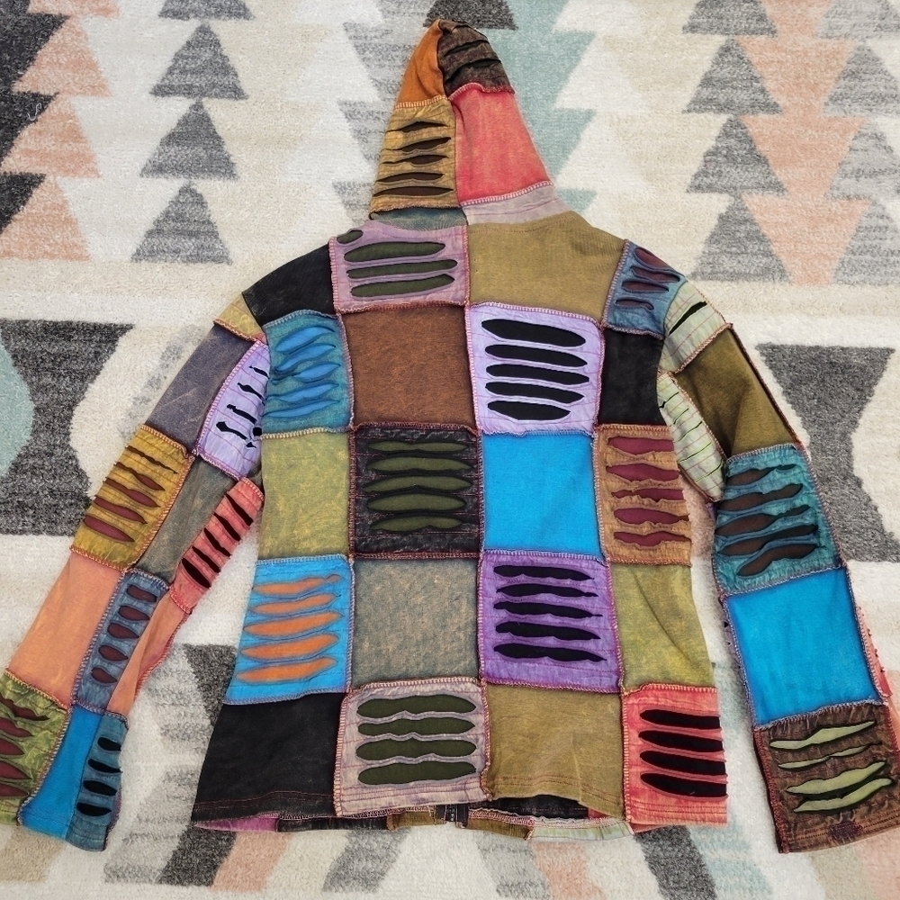 Womens Boho Hippie 100% Cotton Full ZIP patchwork hoodie size large - Picture 7 of 7